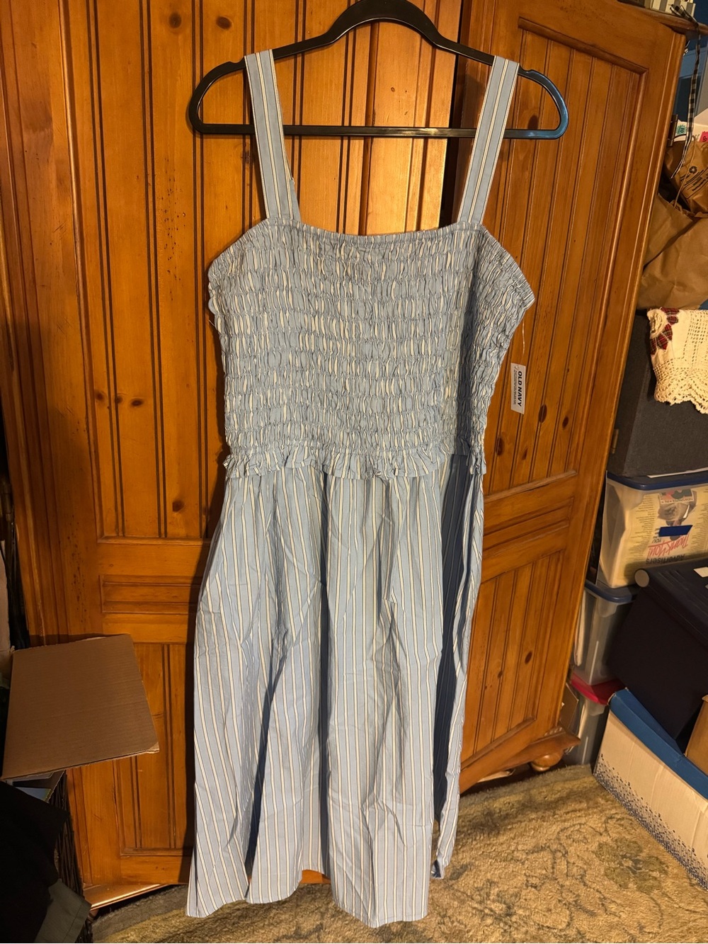 Old Navy Light Blue & White Striped Smocked Midi Dress